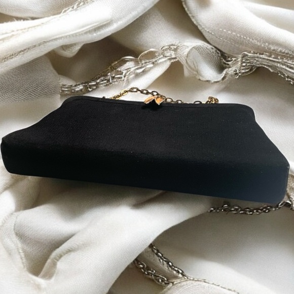 Vintage Black Fabric & Gold Evening Bag Clutch Purse Handbag Gold Latch Frame - Picture 6 of 9